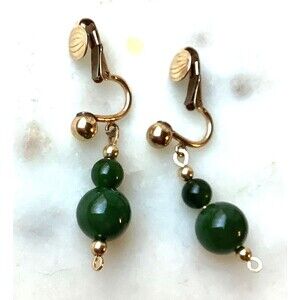 Vintage Jade 14K Gold Filled Clip-On Drop Dangle Earrings Beaded Estate Jewelry